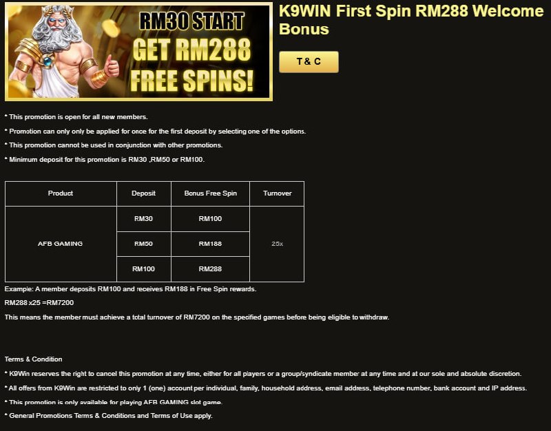 K9WIN First Spin RM288 Welcome Bonus