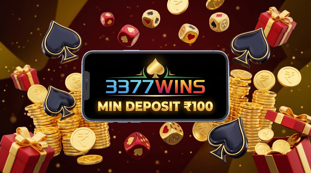 Promotional image for 3377WINS showing a smartphone screen in the center displaying the 3377WINS logo and the text 'MIN DEPOSIT ₹100' in glowing gold letters. The phone is dynamically surrounded by tall stacks of gold Rupee coins, red gift boxes tied with gold ribbons, floating casino dice featuring card suits, and large 3D black spade symbols, all set against a festive dark red background with golden sparkles.