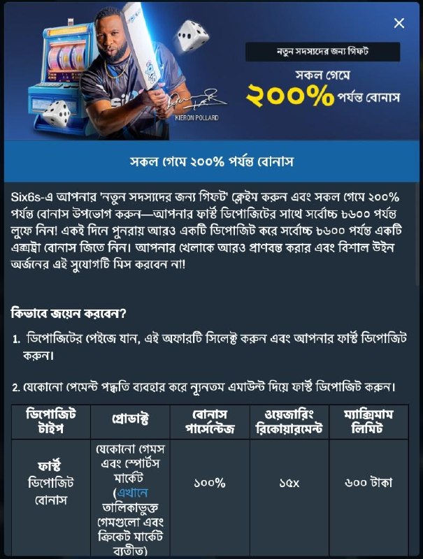 পোস্টার দেখে বোকা হবেন না! Six6s এর ২০০% বোনাস দিয়ে ক্রিকেট খেলা যায় না।