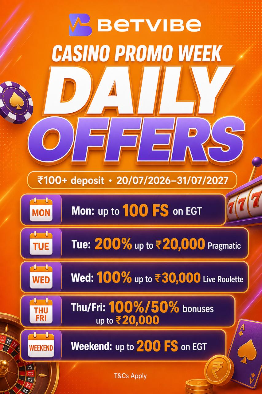 BETVIBE Casino Promo Week: Daily Offers from ₹100 — Tue 200% up to ₹20,000