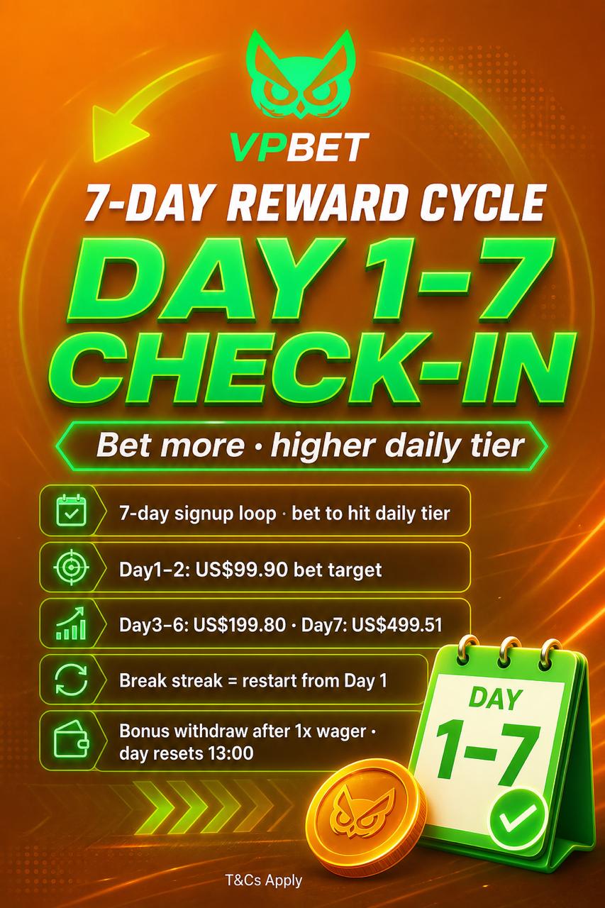 VPBET 7-Day Reward Cycle: Hit Daily Bet Tiers (Bonus Amounts Confirm on Site)