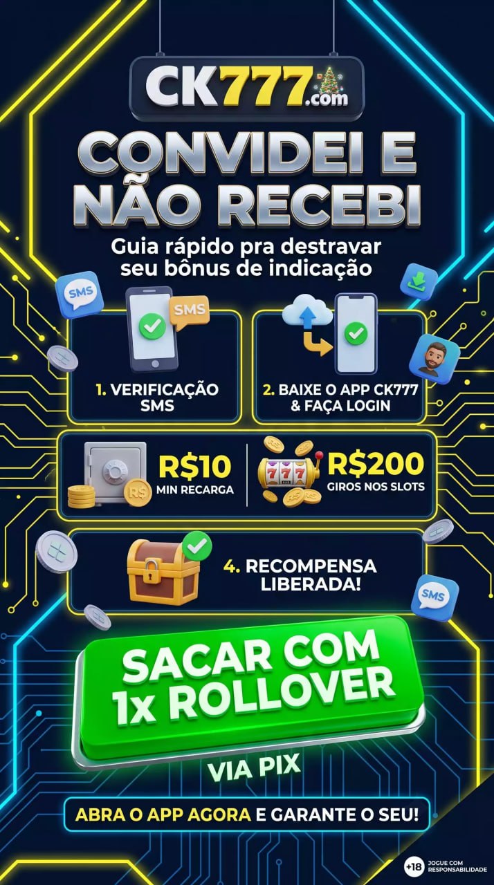 Infográfico da CK777 com intitulado 'CONVIDEI E NÃO RECEBI: Guia rápido pra destravar seu bônus de indicação'. O fundo é azul escuro com linhas amarelas e azuis simulando um circuito eletrônico. Apresenta um passo a passo visual: 1. Verificação SMS (ícone de celular com check); 2. Baixe o app CK777 & faça login (ícone de nuvem e celular); Um bloco central exigindo 'R$10 MIN RECARGA' (ícone de cofre) e 'R$200 GIROS NOS SLOTS' (ícone de caça-níqueis); e 4. Recompensa Liberada! (ícone de baú de tesouro). Abaixo, um grande botão verde destaca 'SACAR COM 1x ROLLOVER VIA PIX'. No rodapé, o texto 'ABRA O APP AGORA E GARANTE O SEU!' acompanhado do selo +18 de jogo responsável.