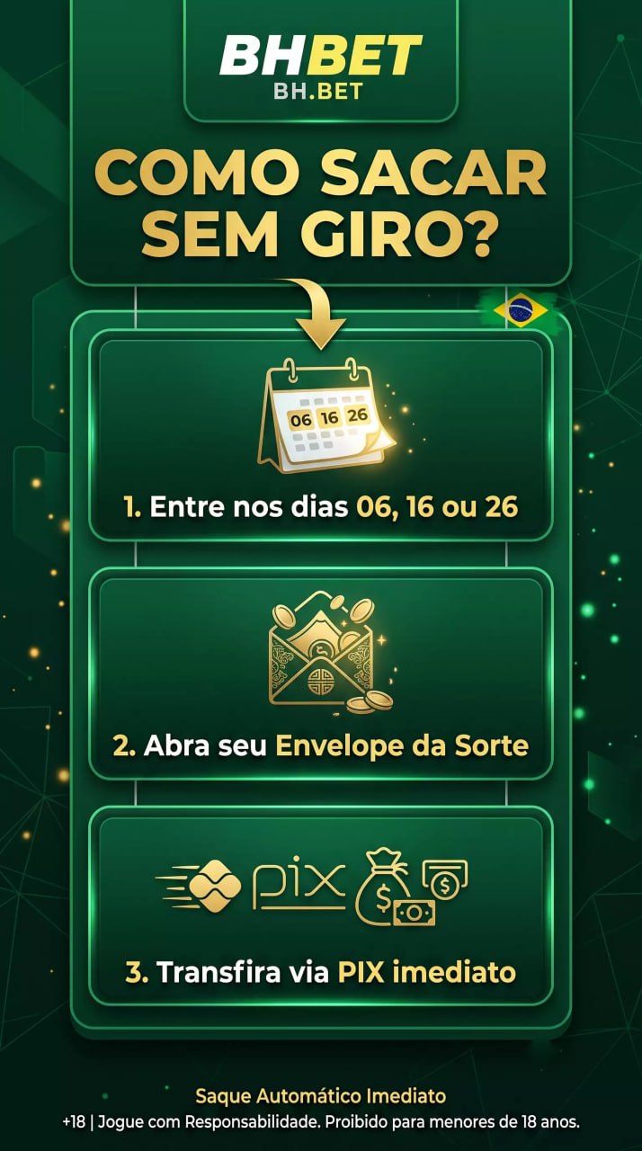 Infográfico da BHBET com o título 'COMO SACAR SEM GIRO?'. O design tem fundo verde escuro e detalhes em dourado. Mostra três passos simples: Passo 1, 'Entre nos dias 06, 16 ou 26' com um ícone de calendário; Passo 2, 'Abra seu Envelope da Sorte' com um ícone de envelope e moedas; Passo 3, 'Transfira via PIX imediato' com a logo do PIX e ícone de dinheiro. Na parte inferior, destaca o texto 'Saque Automático Imediato' e traz os alertas de +18 e jogo responsável.