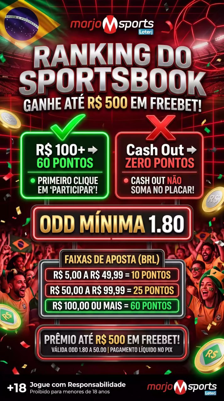 Pôster promocional da MarjoSports com o título 'RANKING DO SPORTSBOOK'. O fundo exibe um estádio de futebol iluminado, moedas com o símbolo de Real (R$) voando e torcedores comemorando vestindo camisas do Brasil. O banner destaca o prêmio 'GANHE ATÉ R$ 500 EM FREEBET!'. Mostra um quadro verde indicando 'R$ 100+ -> 60 PONTOS' alertando para o primeiro clique em 'PARTICIPAR', e um quadro vermelho alertando que 'Cash Out -> ZERO PONTOS'. No centro, destaca 'ODD MÍNIMA 1.80' em neon. Traz uma tabela de faixas de aposta em BRL: R$ 5,00 a R$ 49,99 = 10 PONTOS; R$ 50,00 a R$ 99,99 = 25 PONTOS; R$ 100,00 OU MAIS = 60 PONTOS. O rodapé informa que o pagamento é líquido no PIX para odds de 1.80 a 50.00, acompanhado do alerta para maiores de 18 anos.