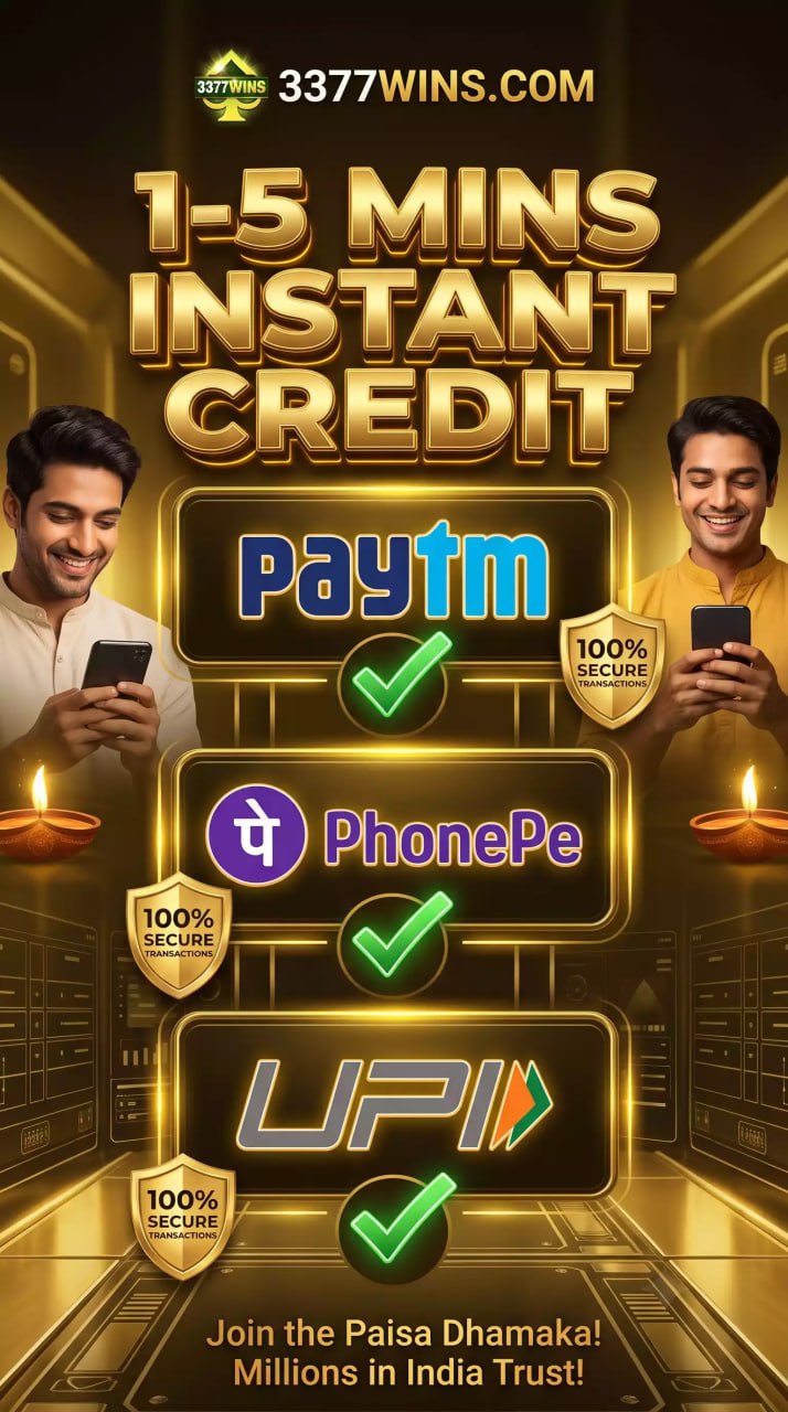 Promotional poster for 3377WINS.COM highlighting '1-5 MINS INSTANT CREDIT' in bold gold lettering. The banner shows two smiling men using their smartphones, flanked by lit diyas (oil lamps). Below the main headline, there are three glowing rectangular panels displaying payment options: Paytm, PhonePe, and UPI, each accompanied by a green checkmark and golden shields reading '100% SECURE TRANSACTIONS'. At the bottom, the text says 'Join the Paisa Dhamaka! Millions in India Trust!' set against a high-tech, golden background.