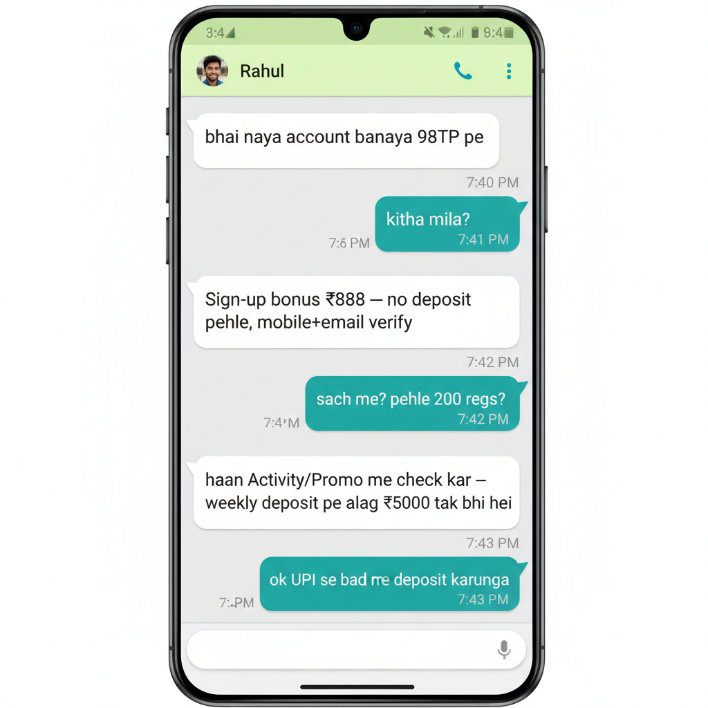 ₹888 sign-up pehle deposit ke bina — mobile+email verify, pehle 200 regs | 98TP