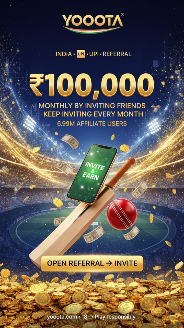 YOOOTA India referral promo H5 — earn up to ₹100,000 monthly by inviting friends with UPI and cricket night vibe