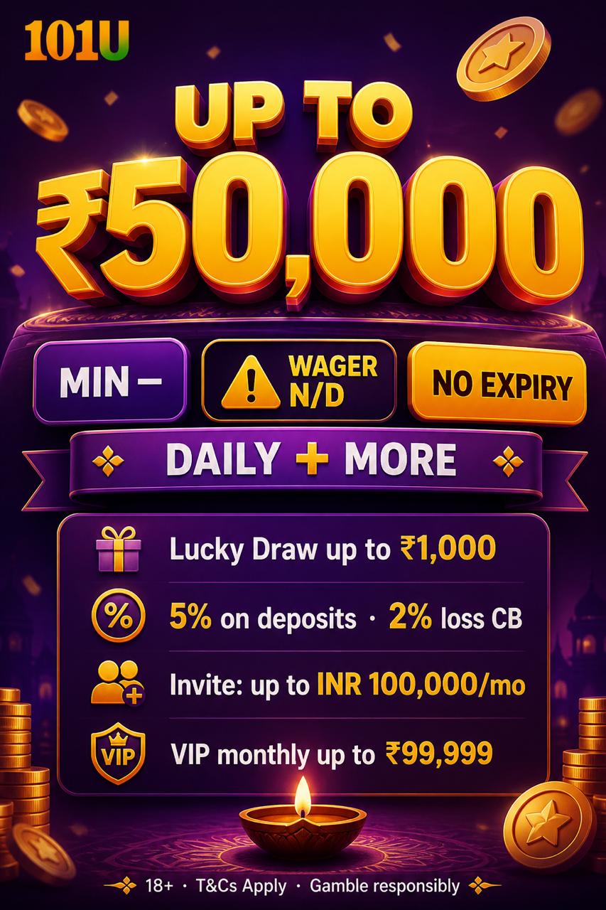 101U India promotions hub poster with daily bonus up to INR 50000, lucky draw up to INR 1000, 5 percent deposit bonus, 2 percent loss cashback, no expiry