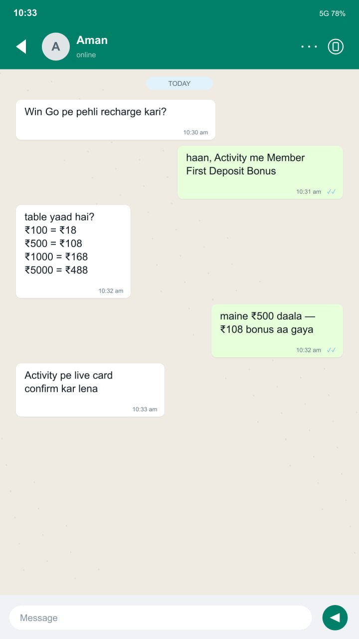 WhatsApp-style H5 chat — 82Lottery pehli deposit bonus table confirm