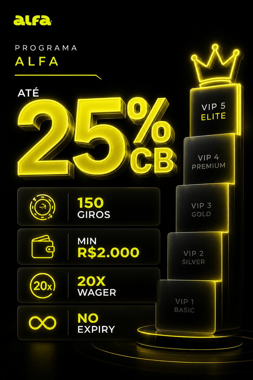 Cartaz alfa Programa VIP cashback ate 25% e ate 150 giros rollover x20 min R$2.000