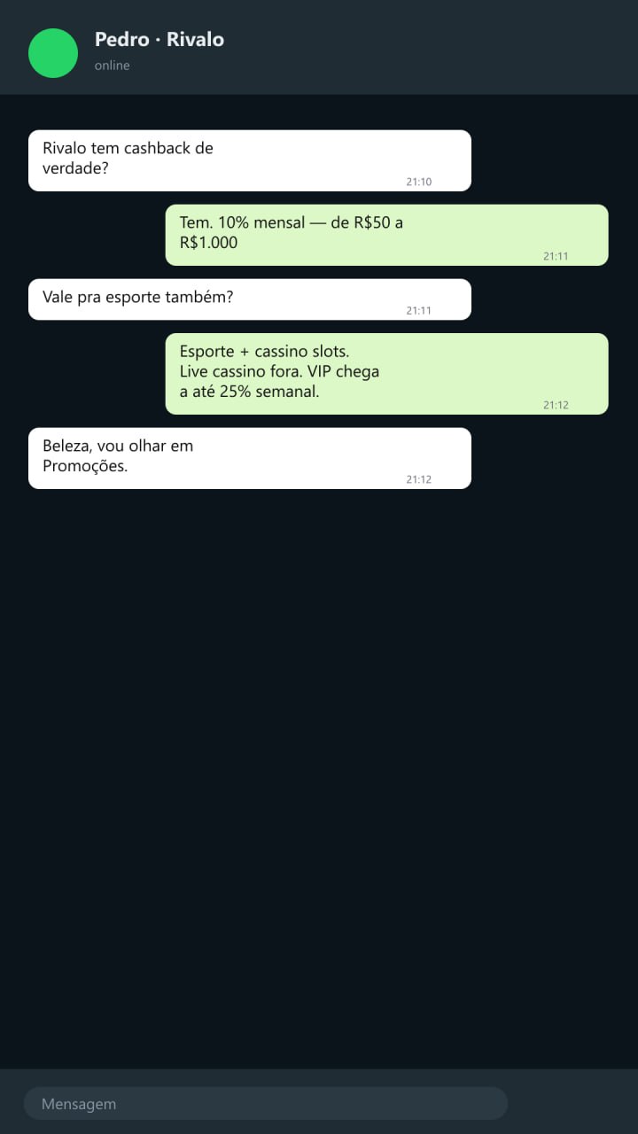 Print estilo WhatsApp confirmando regras do cashback Rivalo em R$