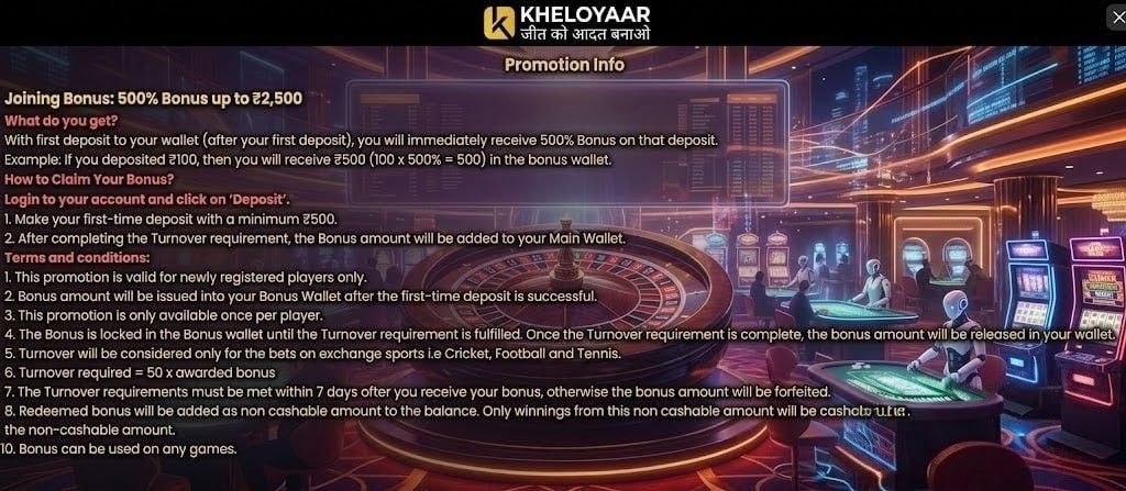 The '500% Joining Bonus' promotional info and terms. The image has a vibrant and exciting atmosphere designed for casino players.