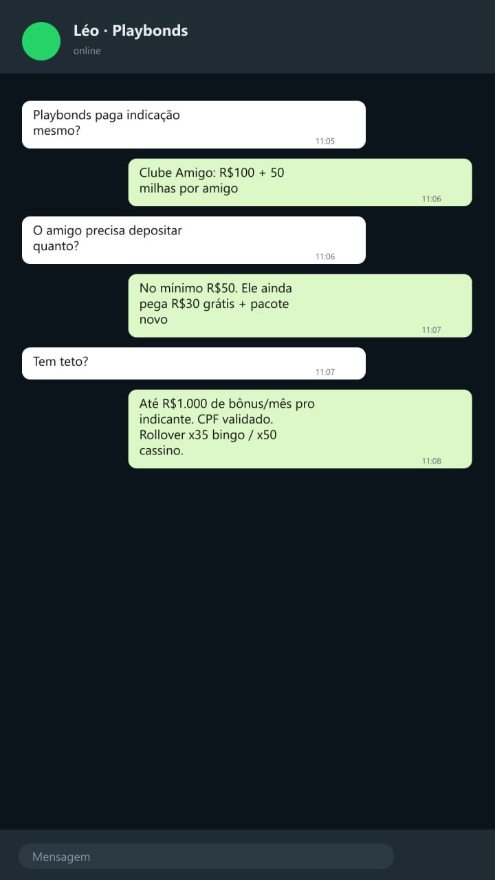 Print estilo WhatsApp confirmando regras do Clube Amigo Playbonds