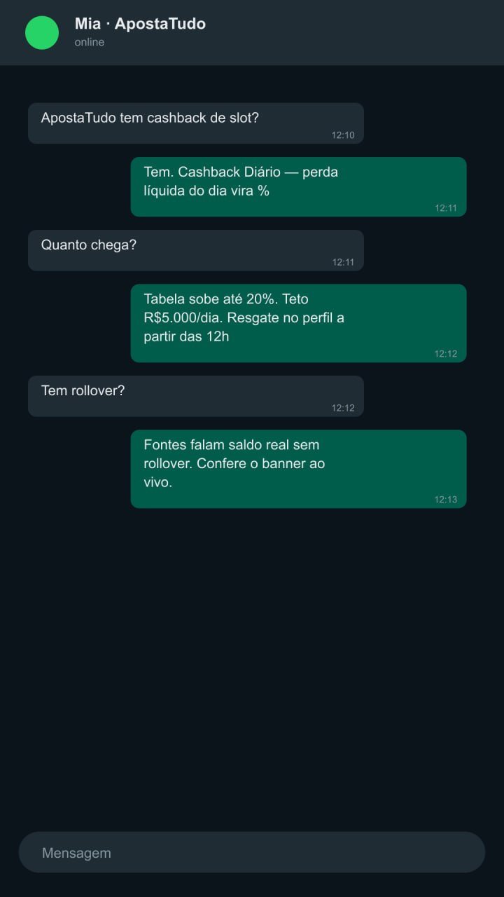 ApostaTudo H5 — Cashback Diário slots até 20% com teto R$5.000 por dia
