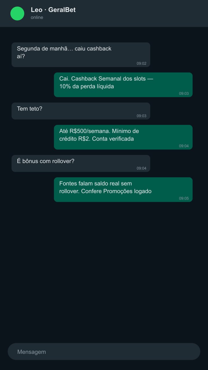 Print estilo WhatsApp confirmando regras do cashback semanal GeralBet