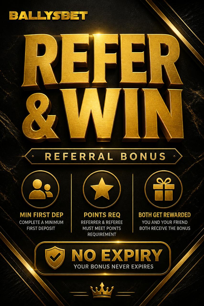 Ballysbet Refer and Win referral bonus poster for existing players first deposit and points