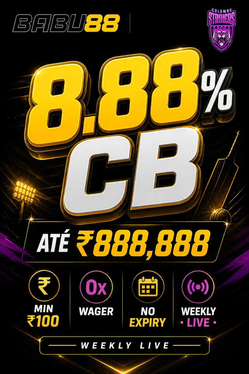 BABU88 weekly cashback poster up to 8.88 percent max INR 888888 min INR 100 no turnover on table