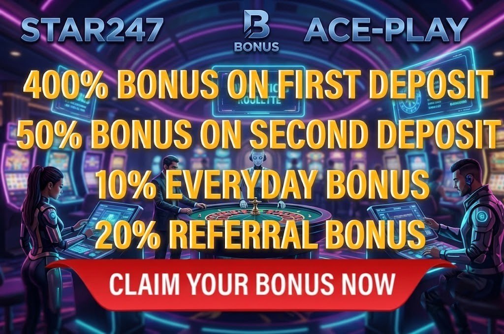 It displays text listing four types of bonuses: 400% BONUS ON FIRST DEPOSIT, 50% BONUS ON SECOND DEPOSIT, 10% EVERYDAY BONUS, and 20% REFERRAL BONUS.