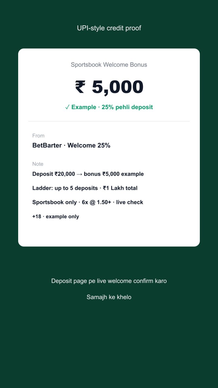 BetBarter India H5 — sportsbook welcome 5×25% ₹20,000 tak total ₹1 Lakh