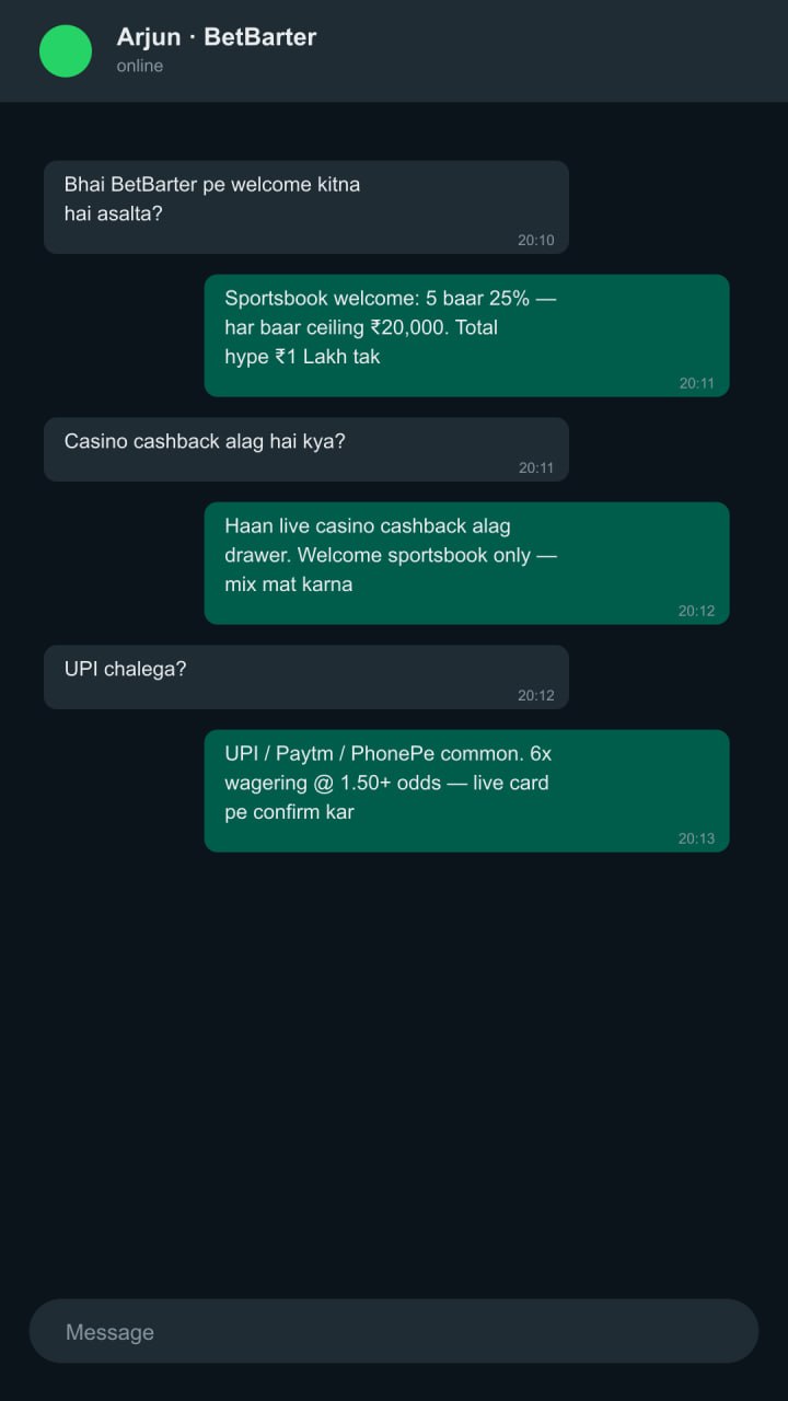 WhatsApp jaisa chat — BetBarter welcome ladder confirm kiya