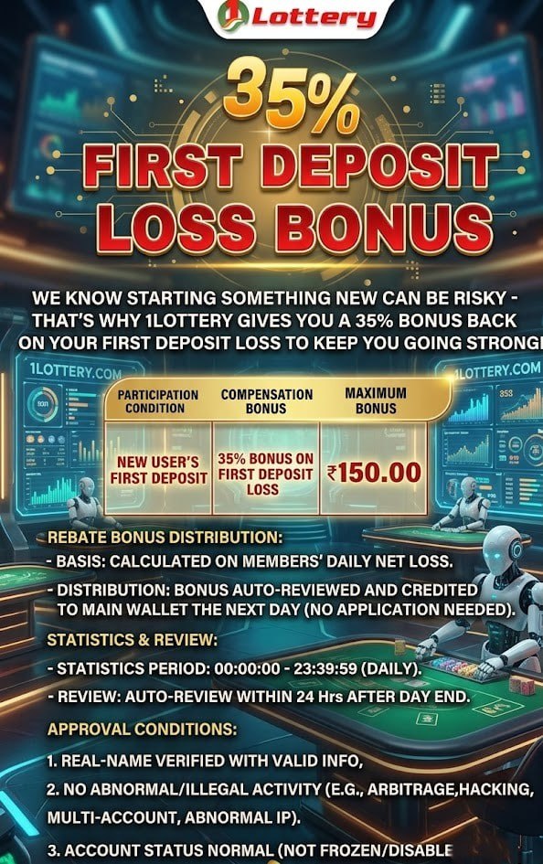 1Lottery's 35% First Deposit Loss Bonus, offering a rebate up to ₹150. The image includes a 1Lottery logo, detailed calculation tables, bonus terms, and approval conditions