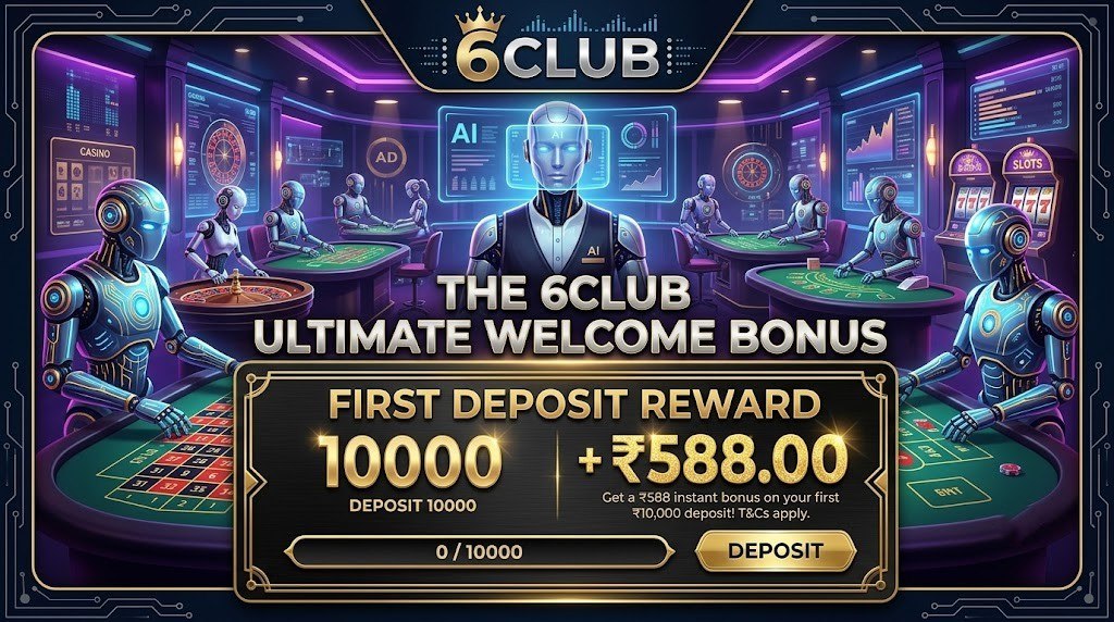 A 6club promotional graphic set displaying a ₹588 bonus for a ₹10,000 first deposit.