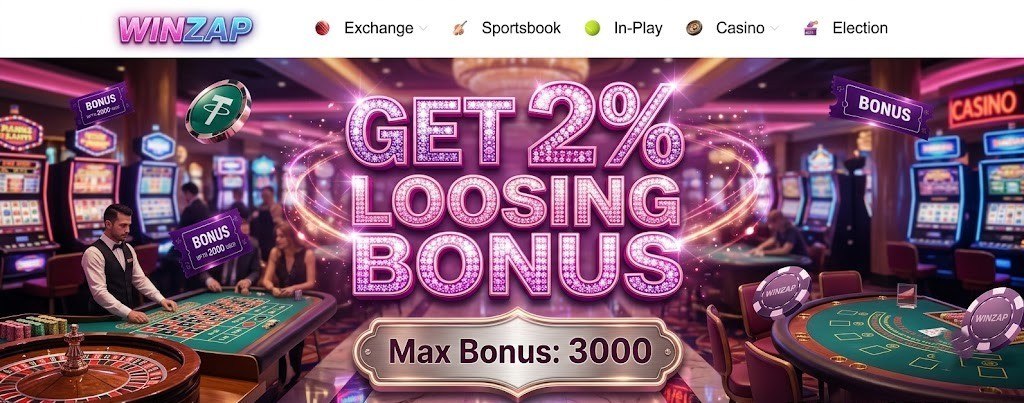Winzap promotional banner in a vibrant casino setting featuring a 2% 'loosing' bonus and a max bonus of 3000.