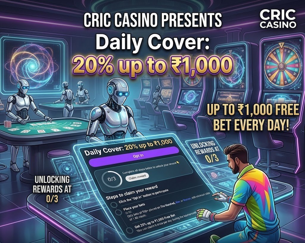 A promotional graphic outlining a daily 20% bonus up to ₹1,000 for betting on The Hundred including an 'Opt In' button and a 3-step guide.