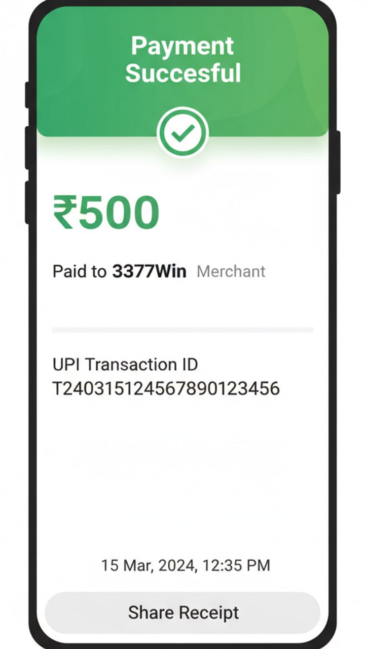 WhatsApp jaisa chat — 3377Win 37% aur ₹5,777 card confirm