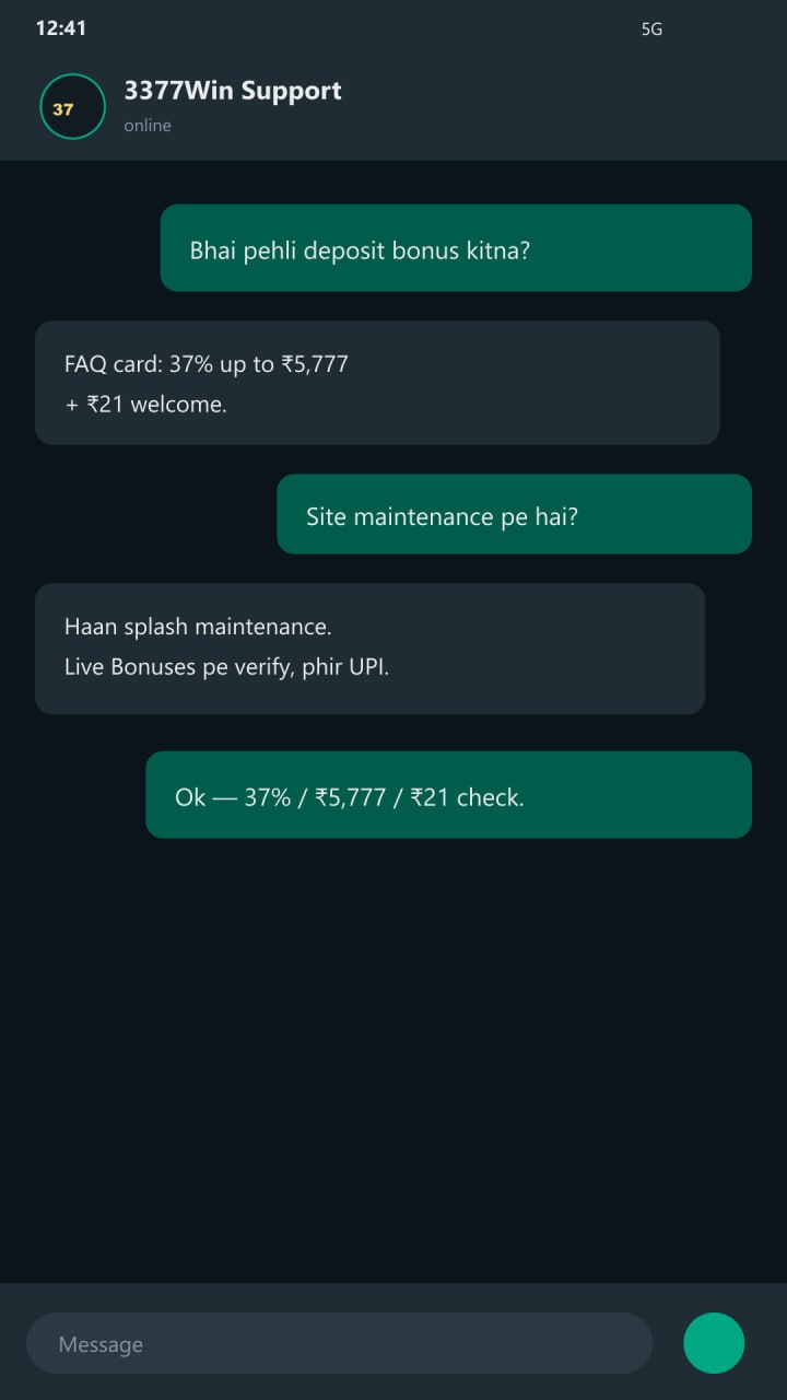 3377Win India H5 — pehli deposit 37% ₹5,777 tak + ₹21 welcome