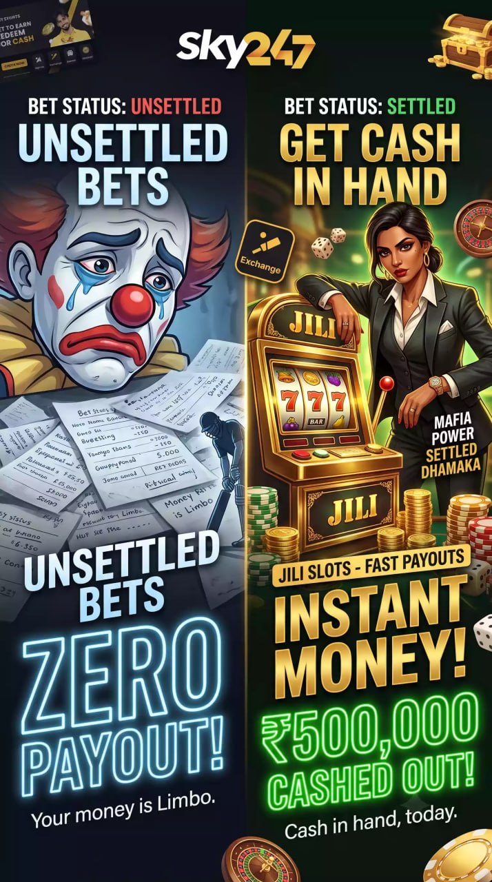 Sky247 promo ad comparison: left side shows a sad clown with unsettled bets and zero payout; right side features a woman with slot machines, fast payouts, and instant money.