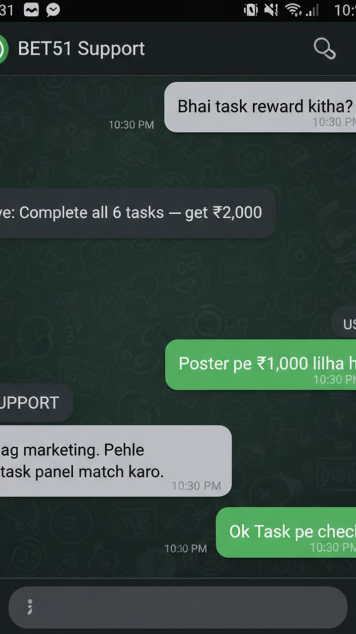 WhatsApp jaisa chat — BET51 6 tasks ₹2,000 confirm