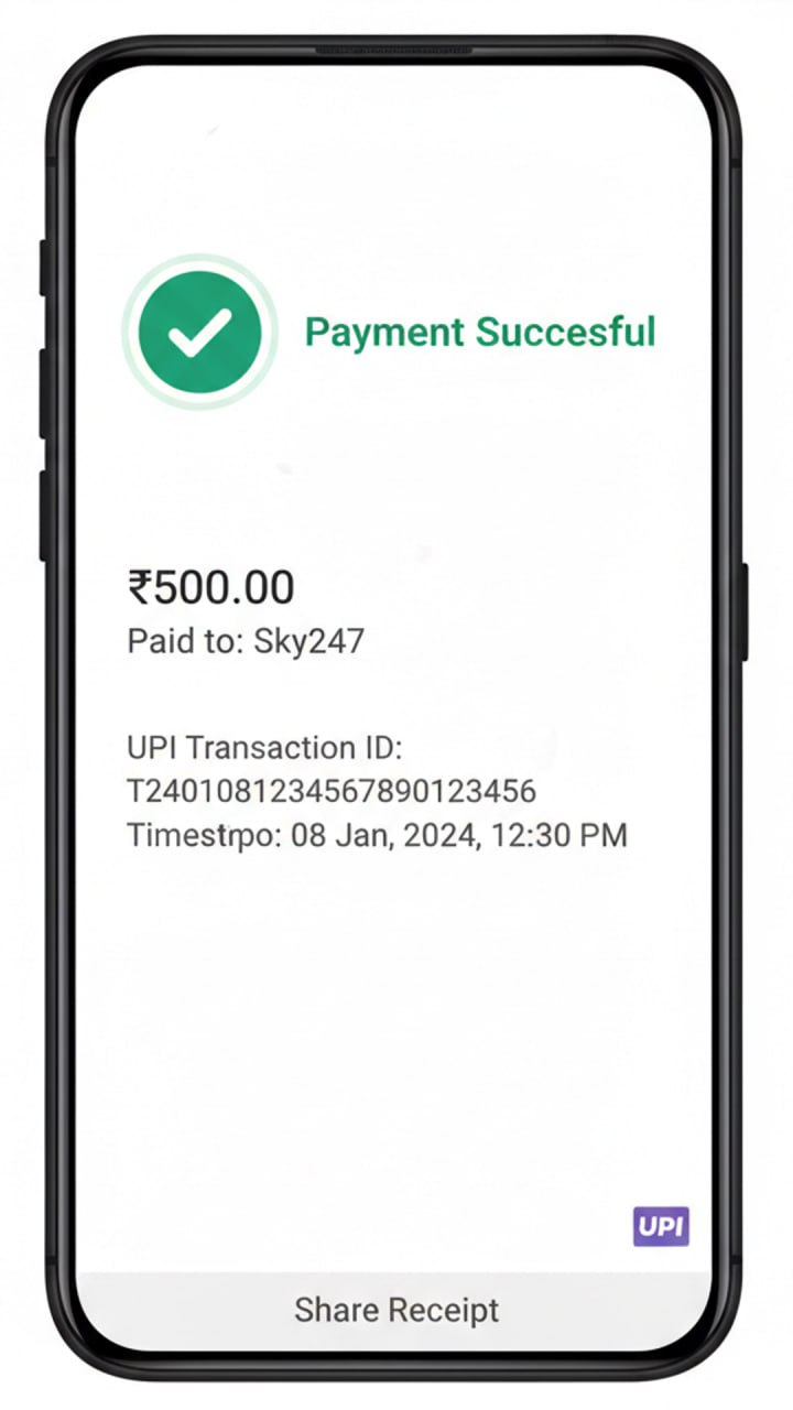 WhatsApp jaisa chat — Sky247 24% / ₹10,247 card confirm