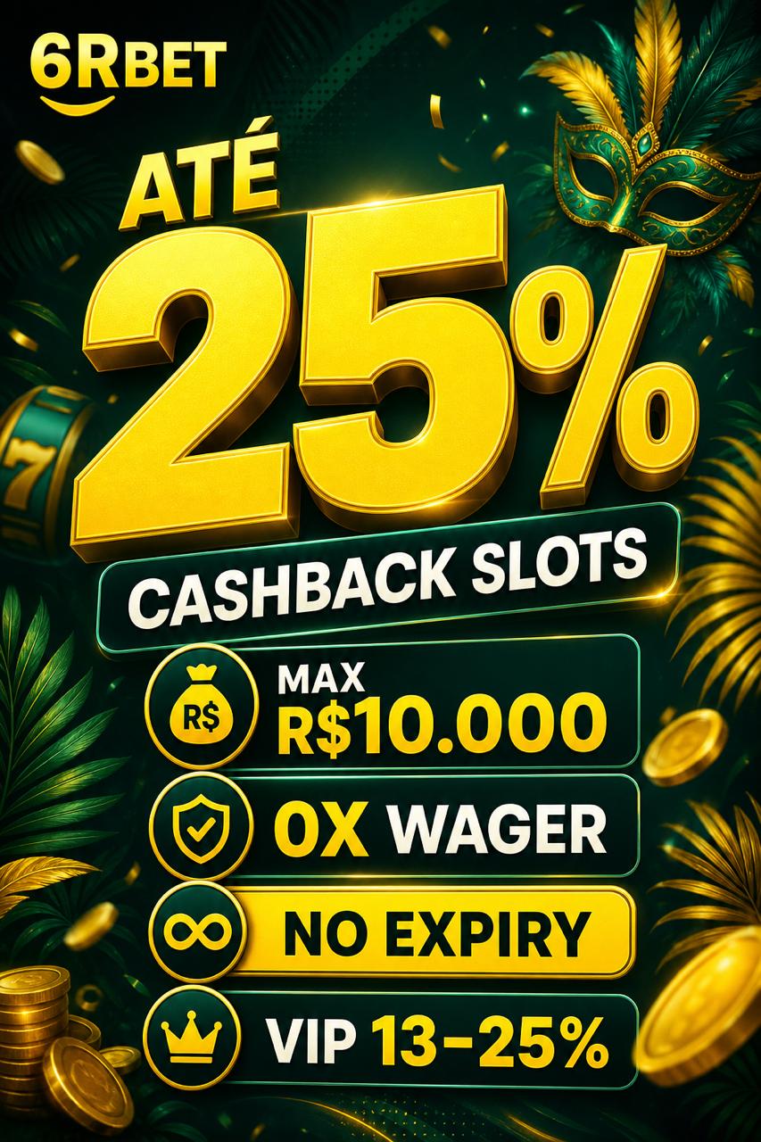 Cartaz 6RBET cashback semanal em slots ate 25% max R$10.000 saldo real sem rollover VIP