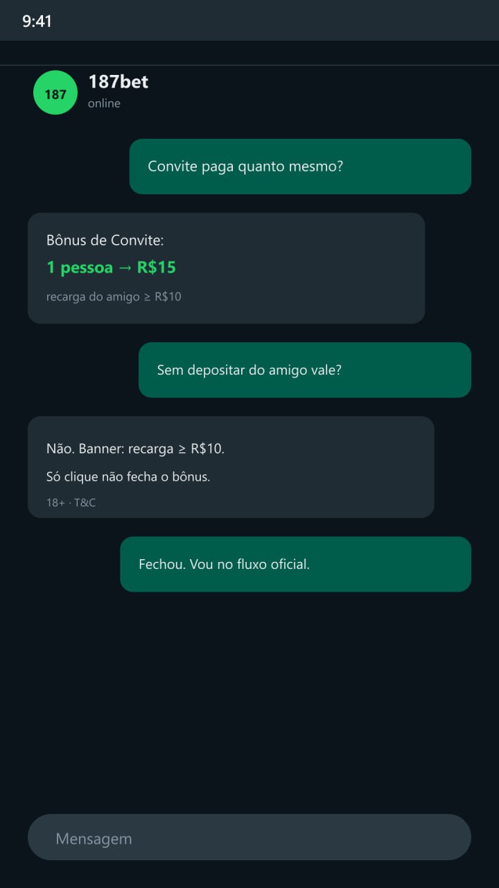 WhatsApp estilo chat — 187bet confirma convite R$15