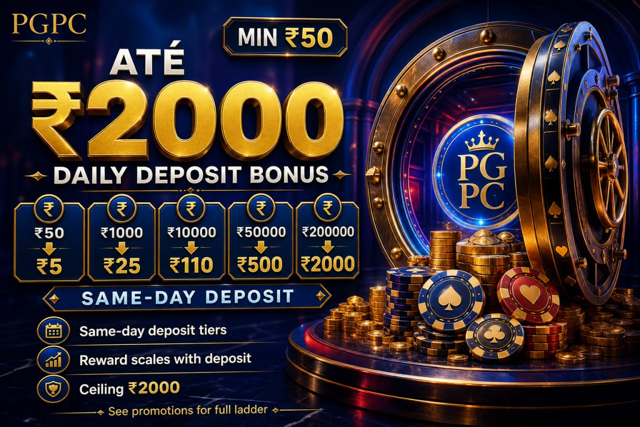 PGPC India poster: daily deposit bonus up to ₹2000, ladder from ₹50→₹5 to ₹200000→₹2000