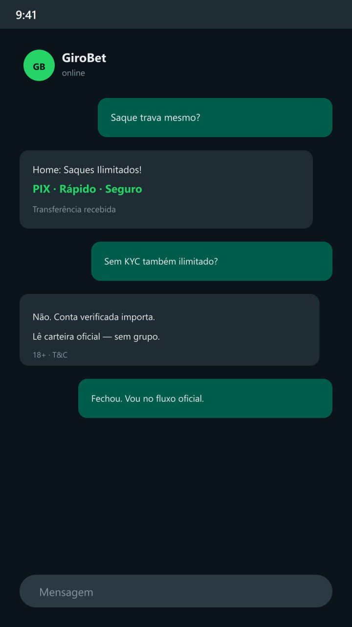 WhatsApp estilo chat — GiroBet confirma saque PIX ilimitado