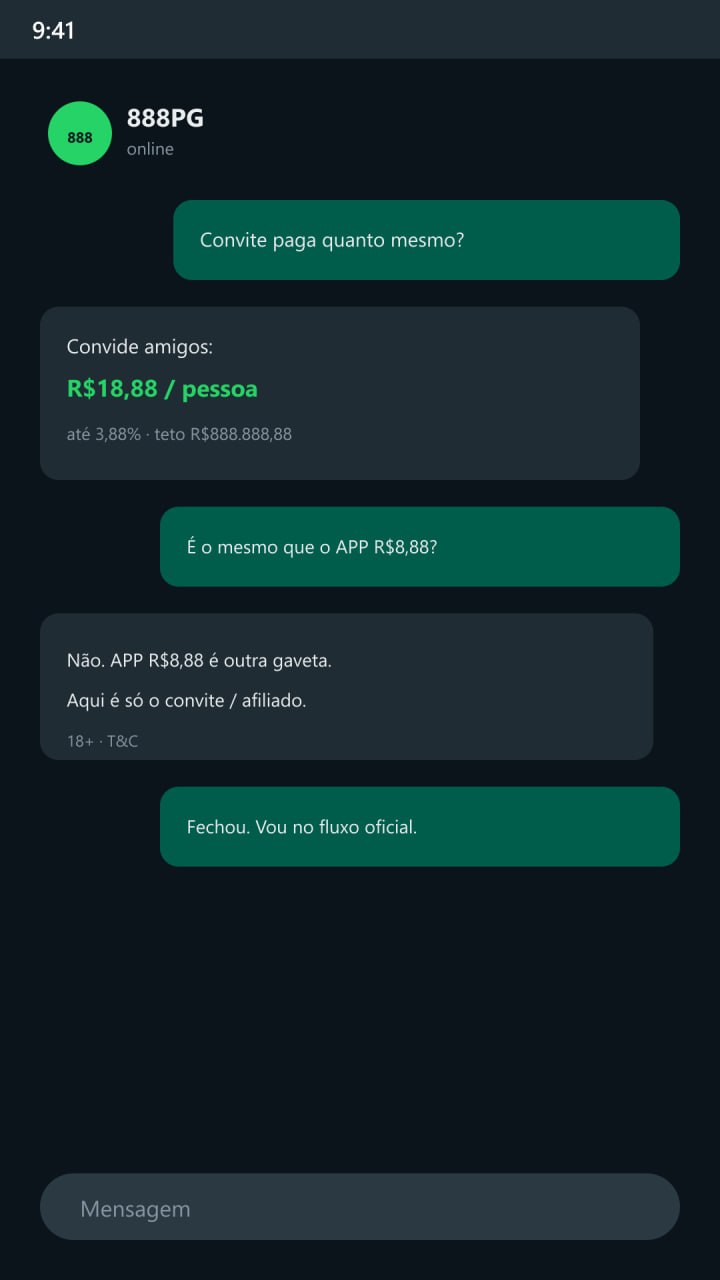 WhatsApp estilo chat — 888PG confirma convite R$18,88 e 3,88%