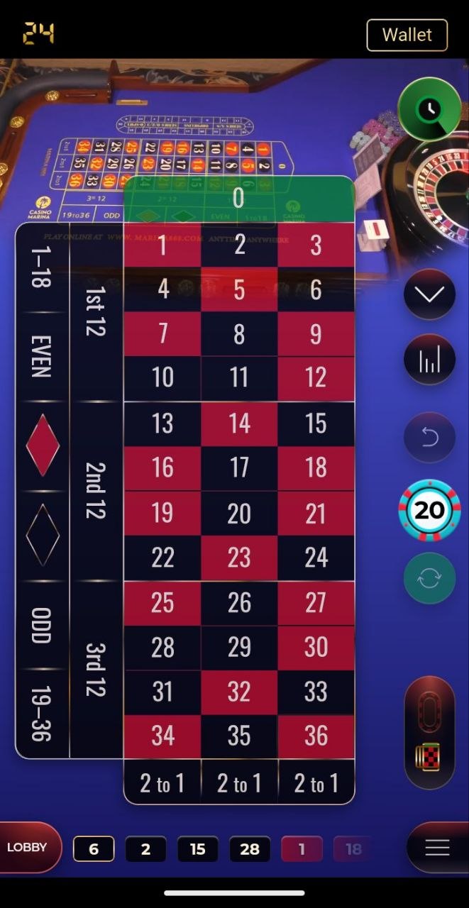 24Betting Casino Marina Live Roulette game interface showing roulette betting table, live history numbers, chip selection, and wheel stream