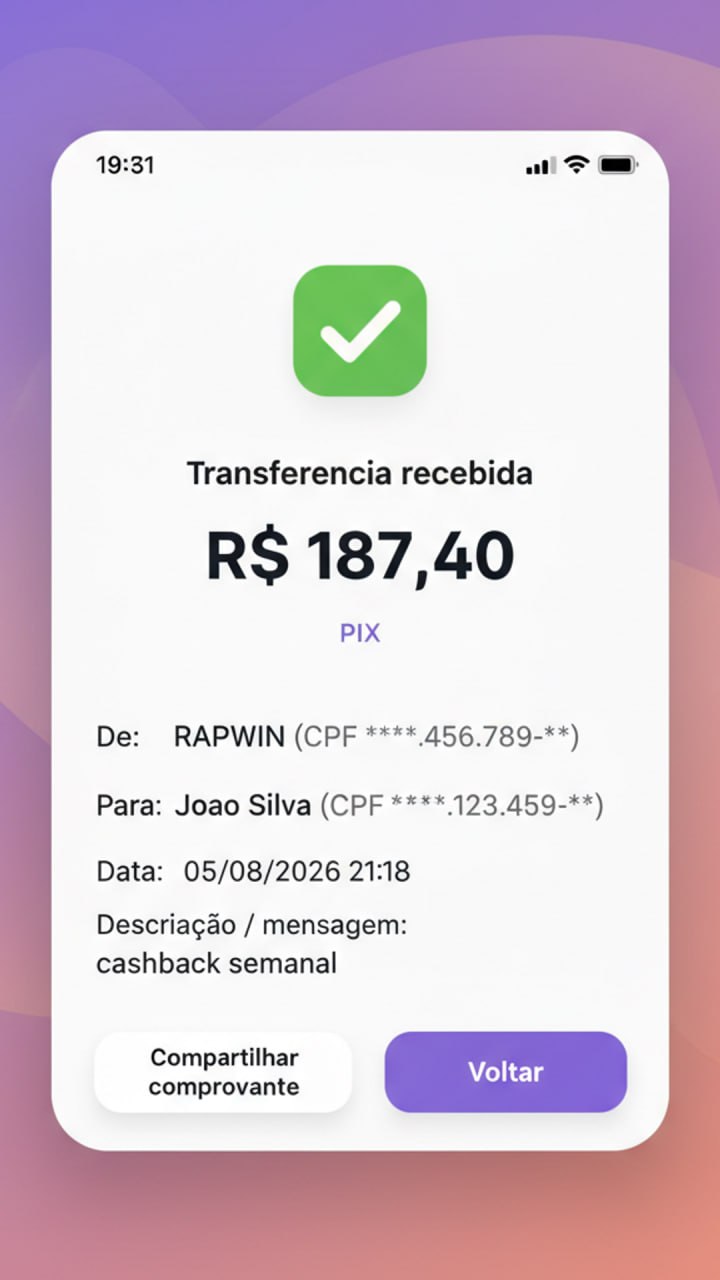 Rapwin cashback semanal 5% ate R$5000 poster H5 vertical