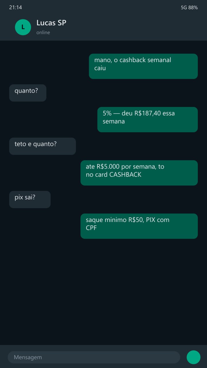 WhatsApp print amigo cashback semanal Rapwin R$187