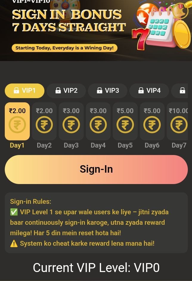 9kBoss VIP 7-Day straight sign-in bonus interface displaying daily cash rewards from Day 1 to Day 7 for VIP1 members