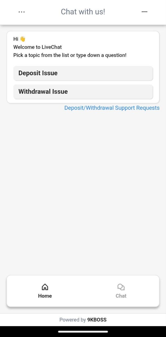 9KBOSS LiveChat support interface showing options for Deposit Issue and Withdrawal Issue resolution