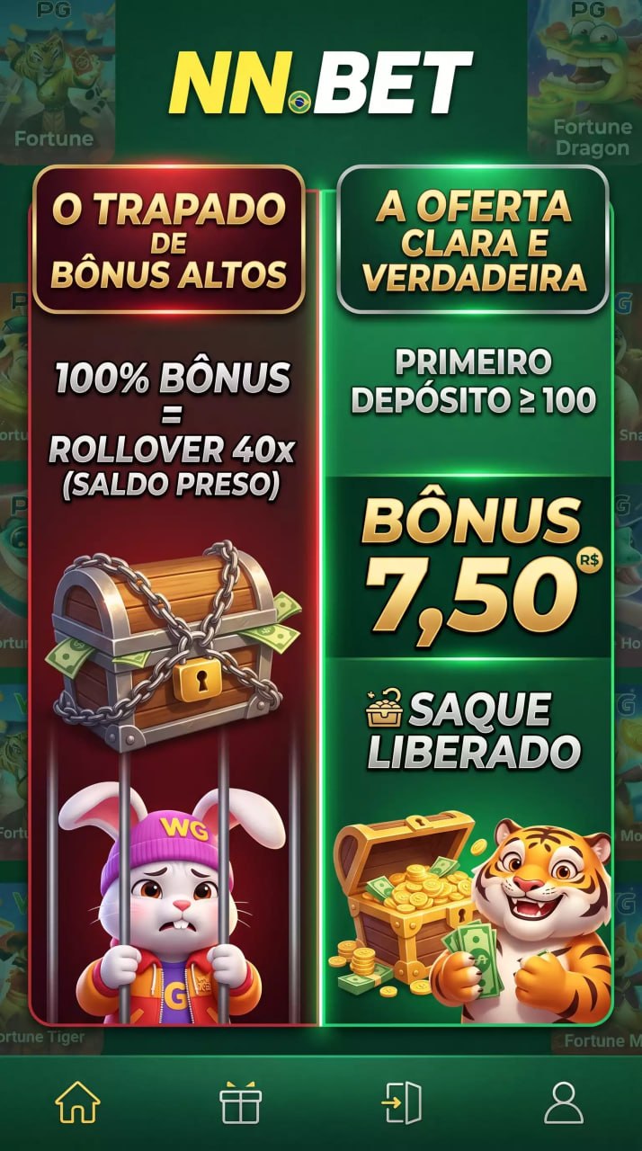 NN BET comparison ad contrasting a high-bonus trap (40x rollover with locked funds) against a R$7.50 first-deposit bonus with free withdrawals.