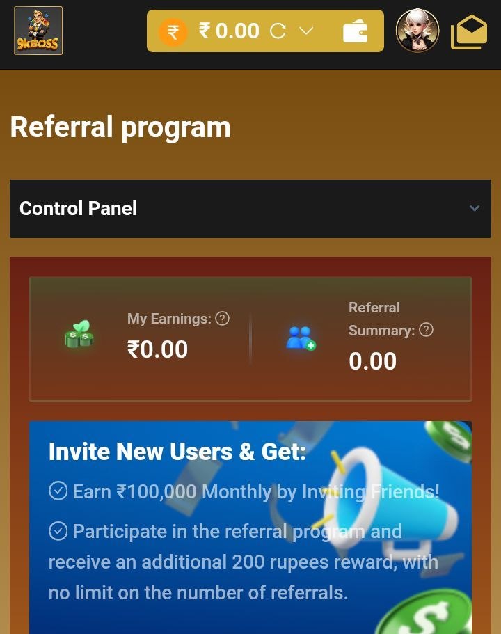9kBOSS Referral program control panel showing earnings tracker, referral summary, and promotional banner for ₹100,000 monthly income and ₹200 referral reward