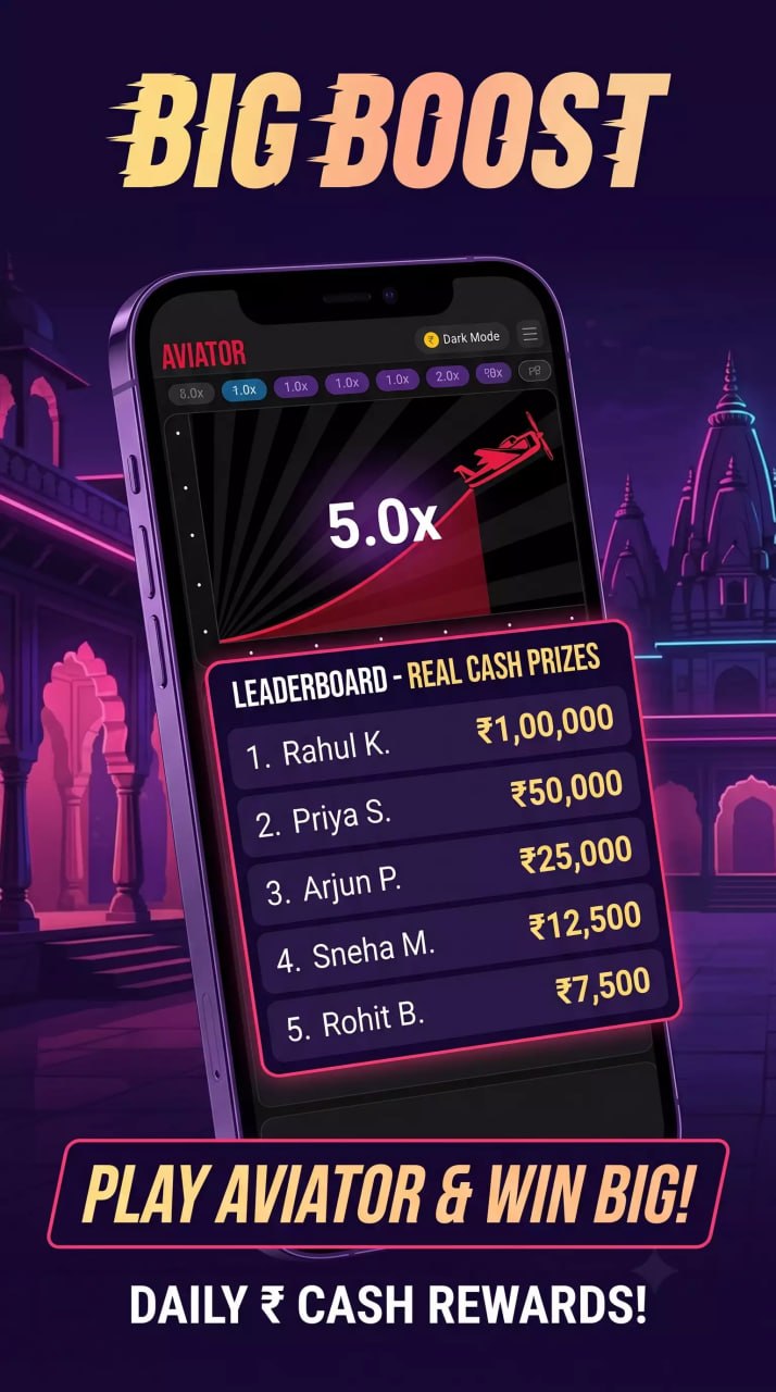Mobile phone displaying the ‘Aviator’ casino game with a 5.0x multiplier and a leaderboard of real cash prizes, including a ₹1,00,000 winner, set against an Indian architectural background at night