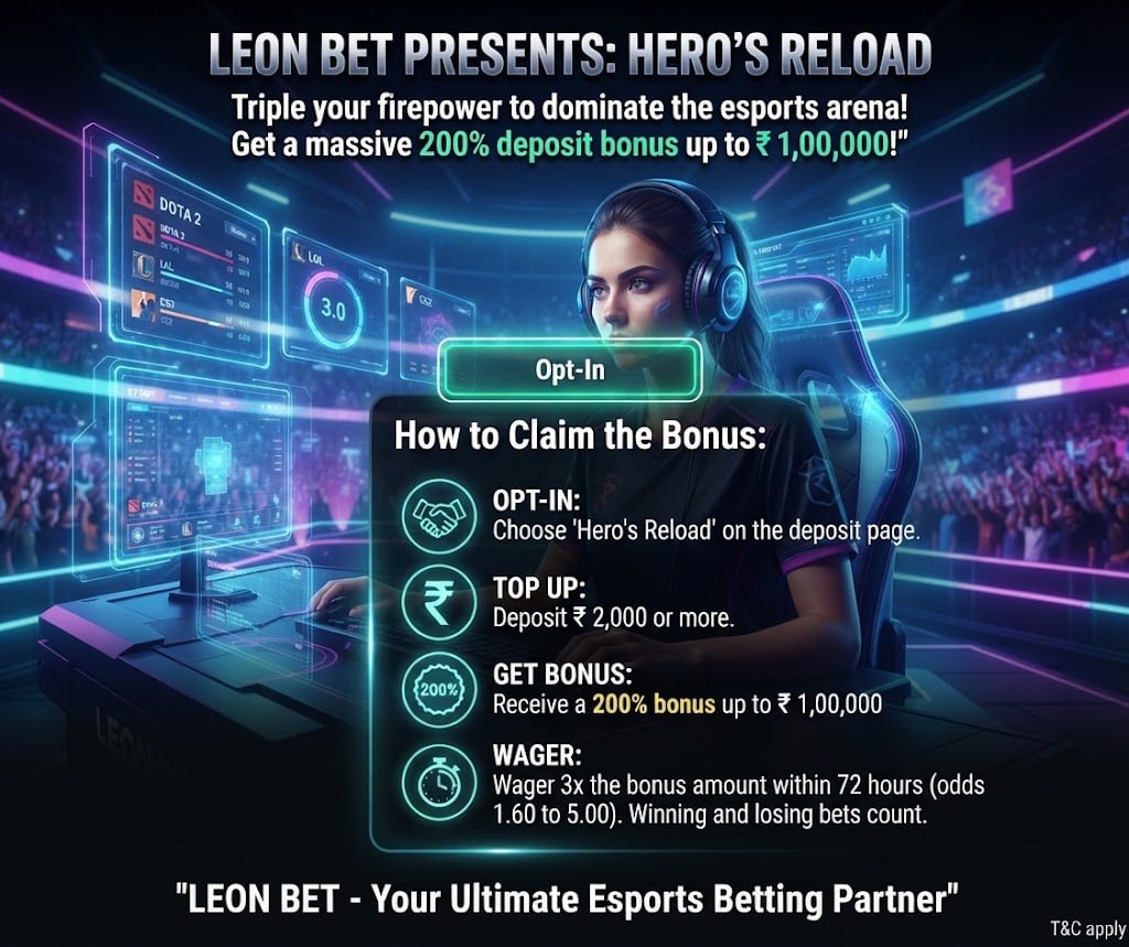 A promotional graphic for Leon Bet displaying the 'Hero's Reload' offer of a 200% deposit bonus up to ₹ 1,00,000, step-by-step guide on how to claim the bonus with terms.
