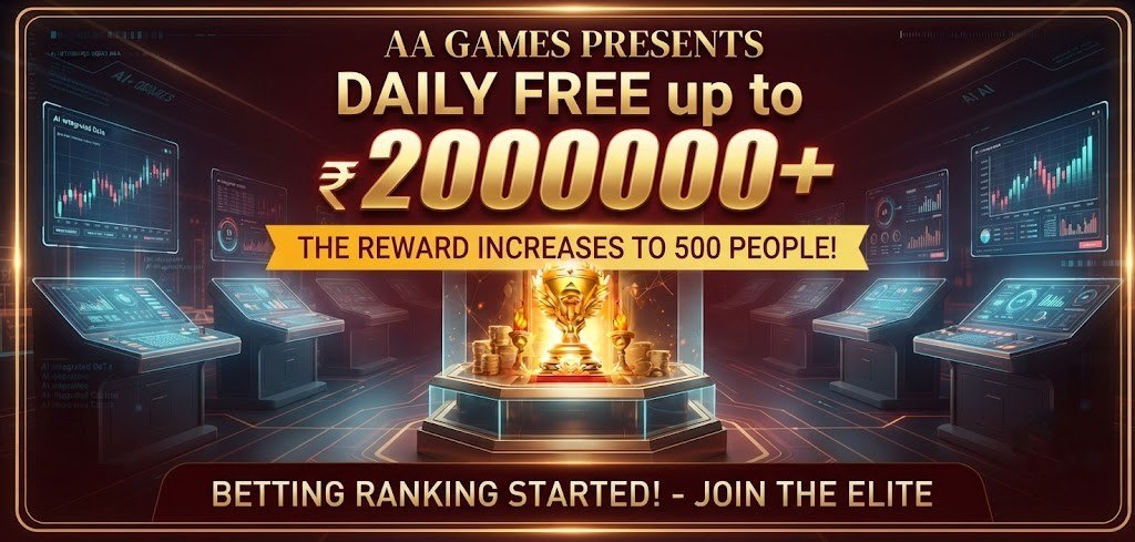 A promotional AI casino graphic for AA Games showcasing a daily free betting ranking campaign with rewards up to ₹2,000,000+ for 500 people.