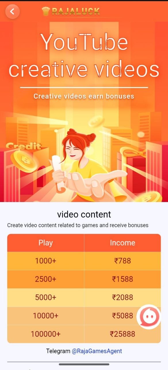RAJALUCK YouTube creative video promotion banner showing view tiers from 1,000 to 100,000+ views and income rewards up to ₹25,888 with Telegram @RajaGamesAgent