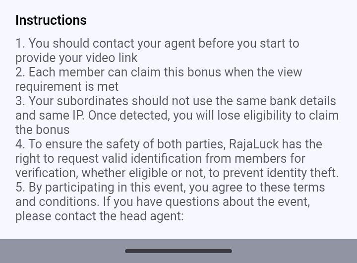 RAJALUCK YouTube video event instructions detailing agent contact steps, view rules, anti-fraud IP policies, and identity verification terms